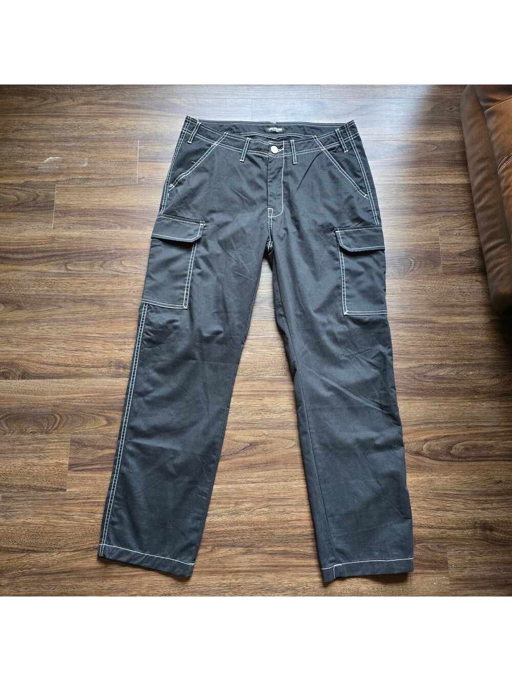 True Religion Mens Black Contrast Stitch Cargo Pants Baggy Straight Y2K S